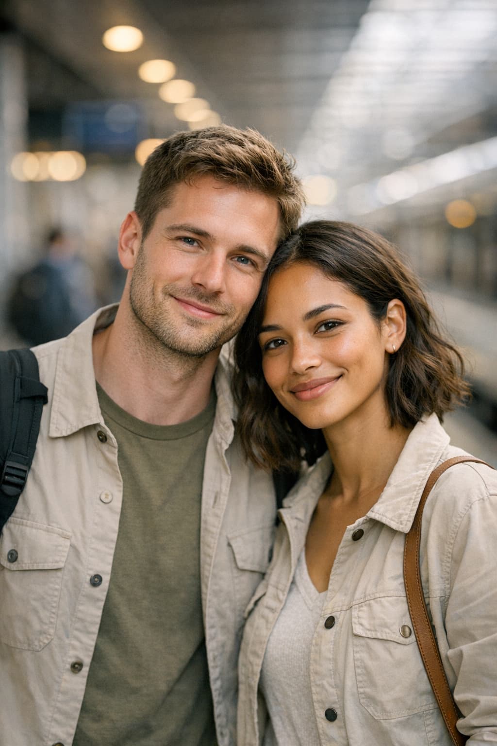 Warm candid portrait of two TrainCompass founders in a modern station setting.