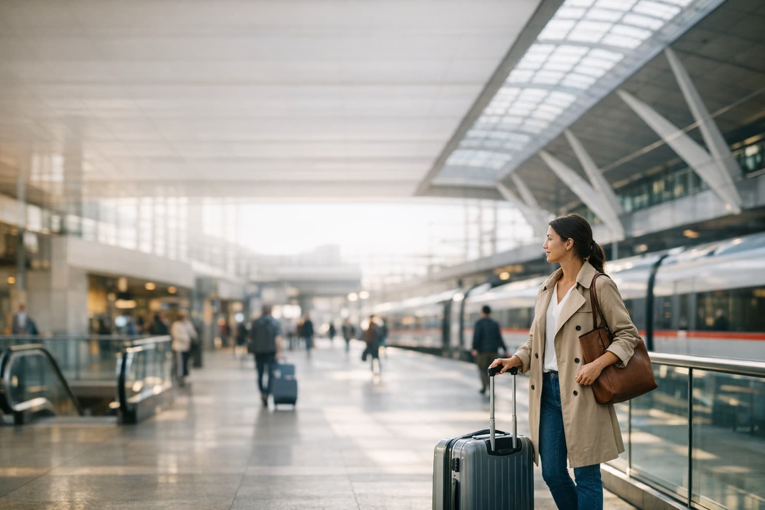 Premium modern train station concourse with soft natural daylight and calm traveler movement.