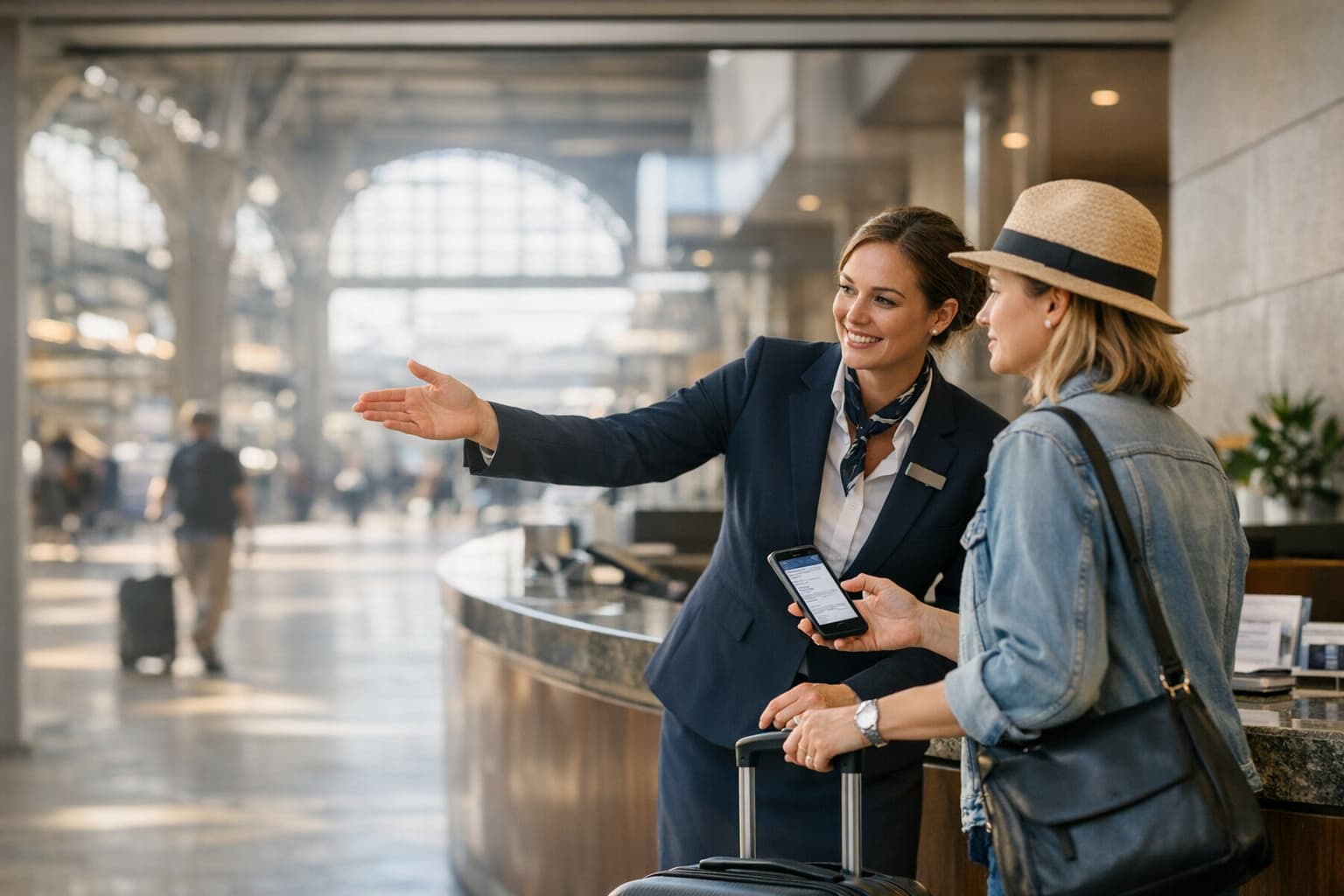 Support concierge scene in a premium rail lounge with a traveler receiving guidance.