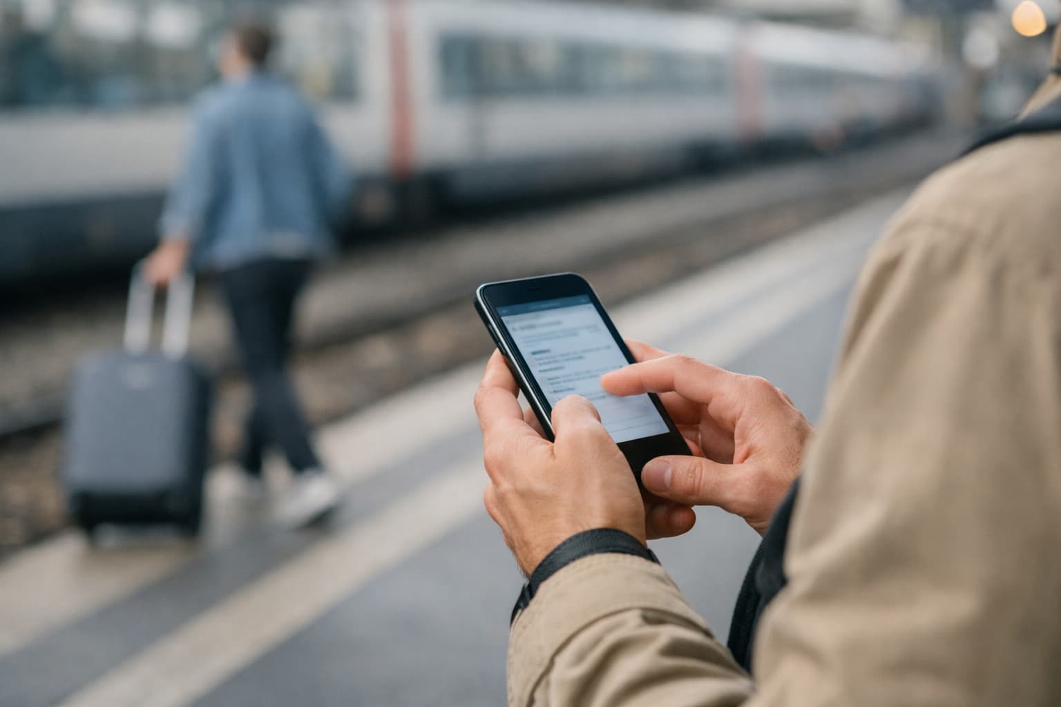 Traveler reviewing an itinerary on a phone with a calm station backdrop.