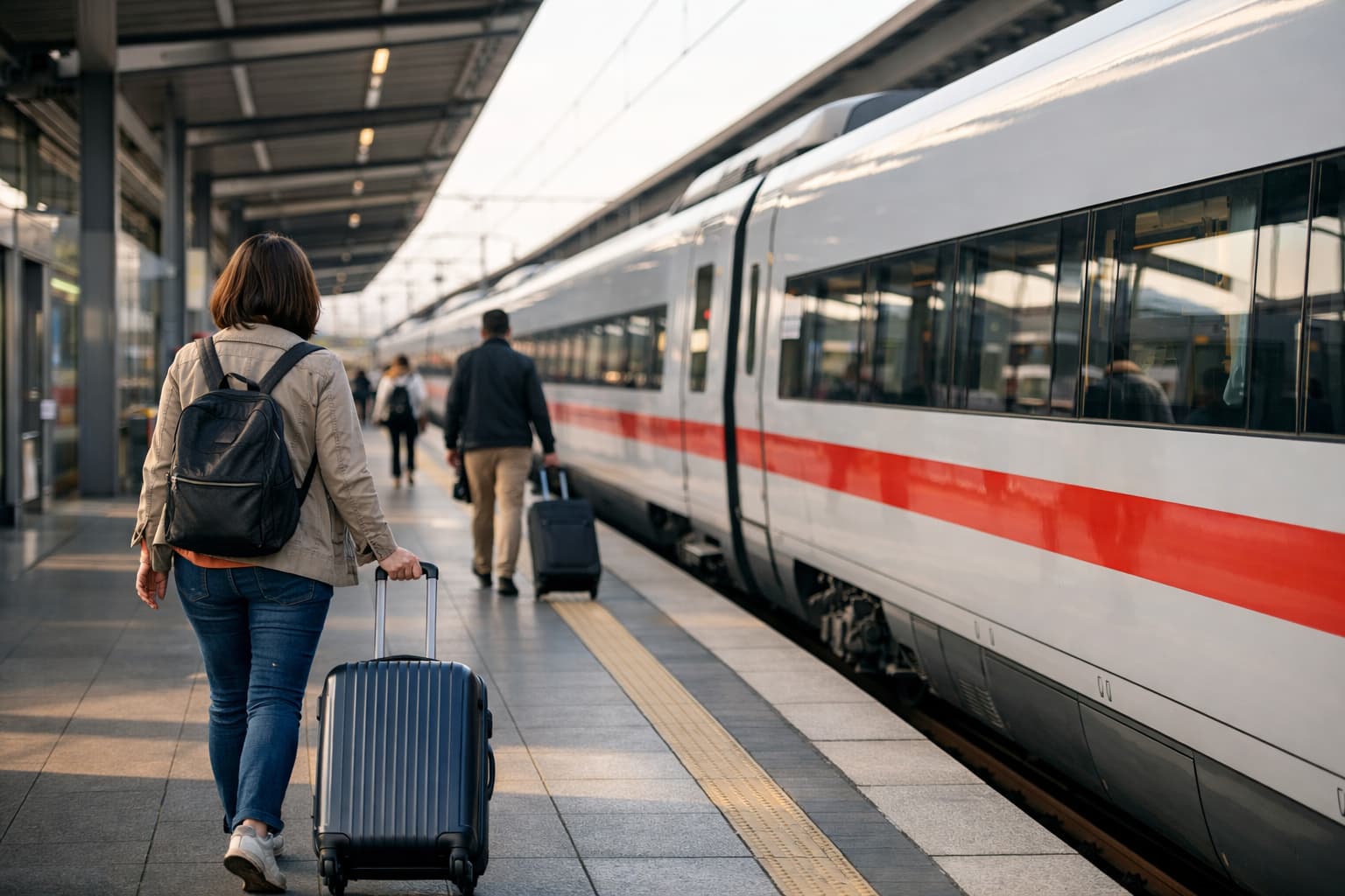 Platform scene in Germany with luggage-ready boarding for intercity travel.