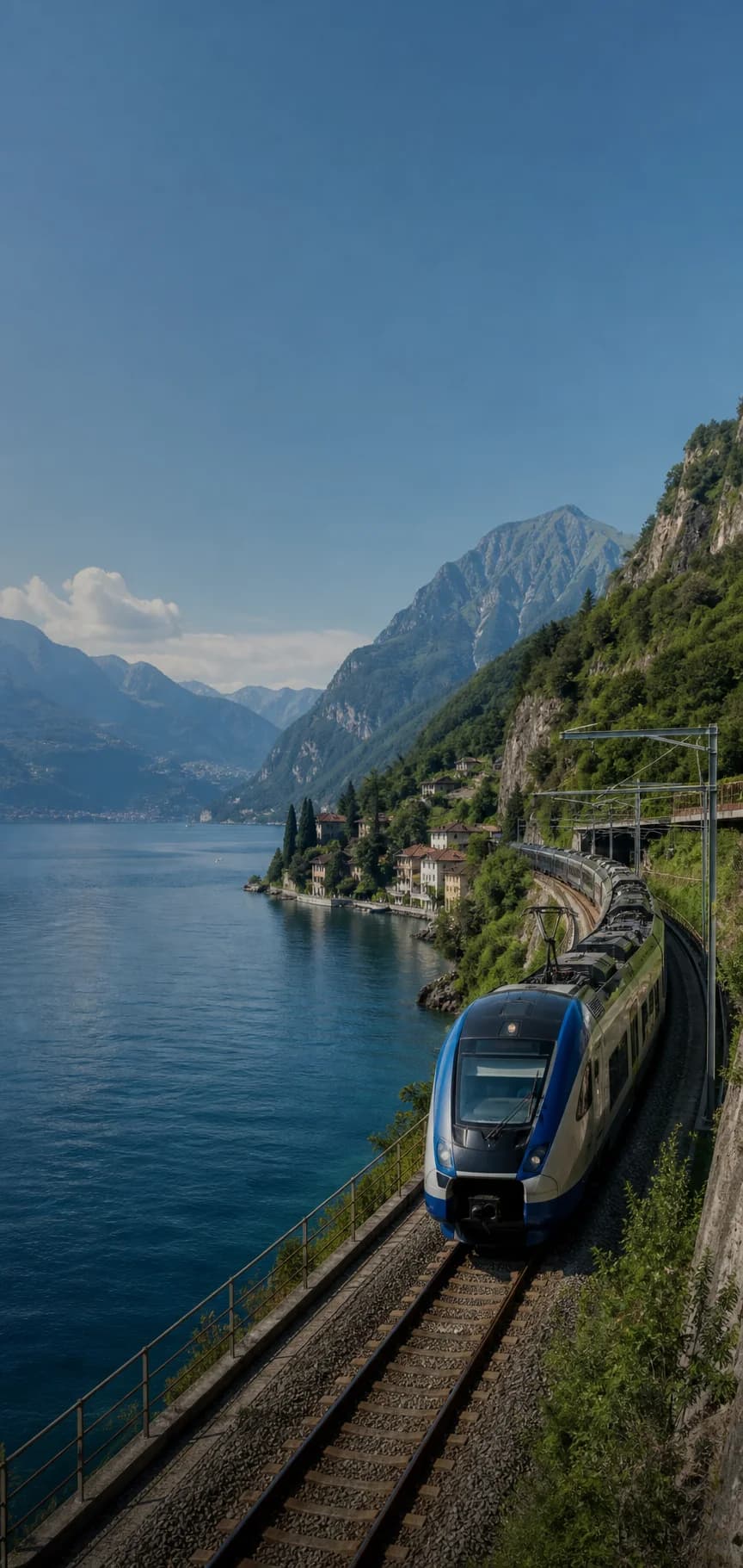 Blue passenger train travelling beside an alpine lake and mountain village.