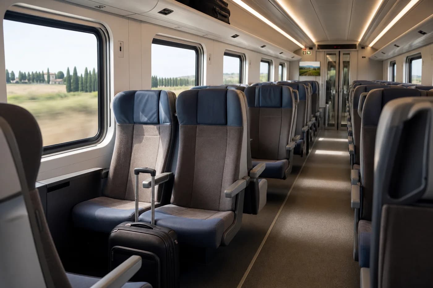 Comfortable seating inside a modern Italian intercity train.
