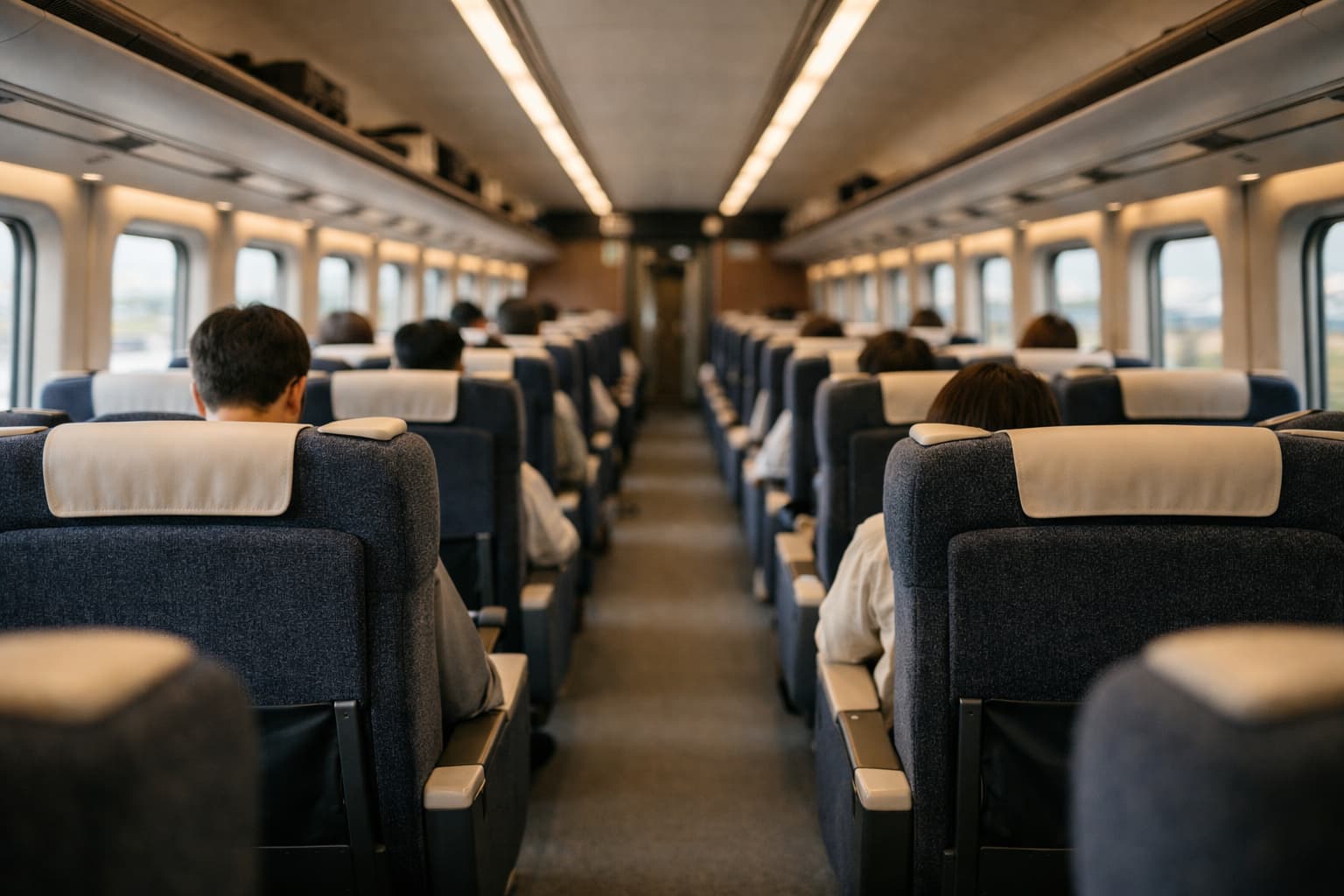 Interior cabin seating of a Japanese high-speed train showing comfort and legroom.