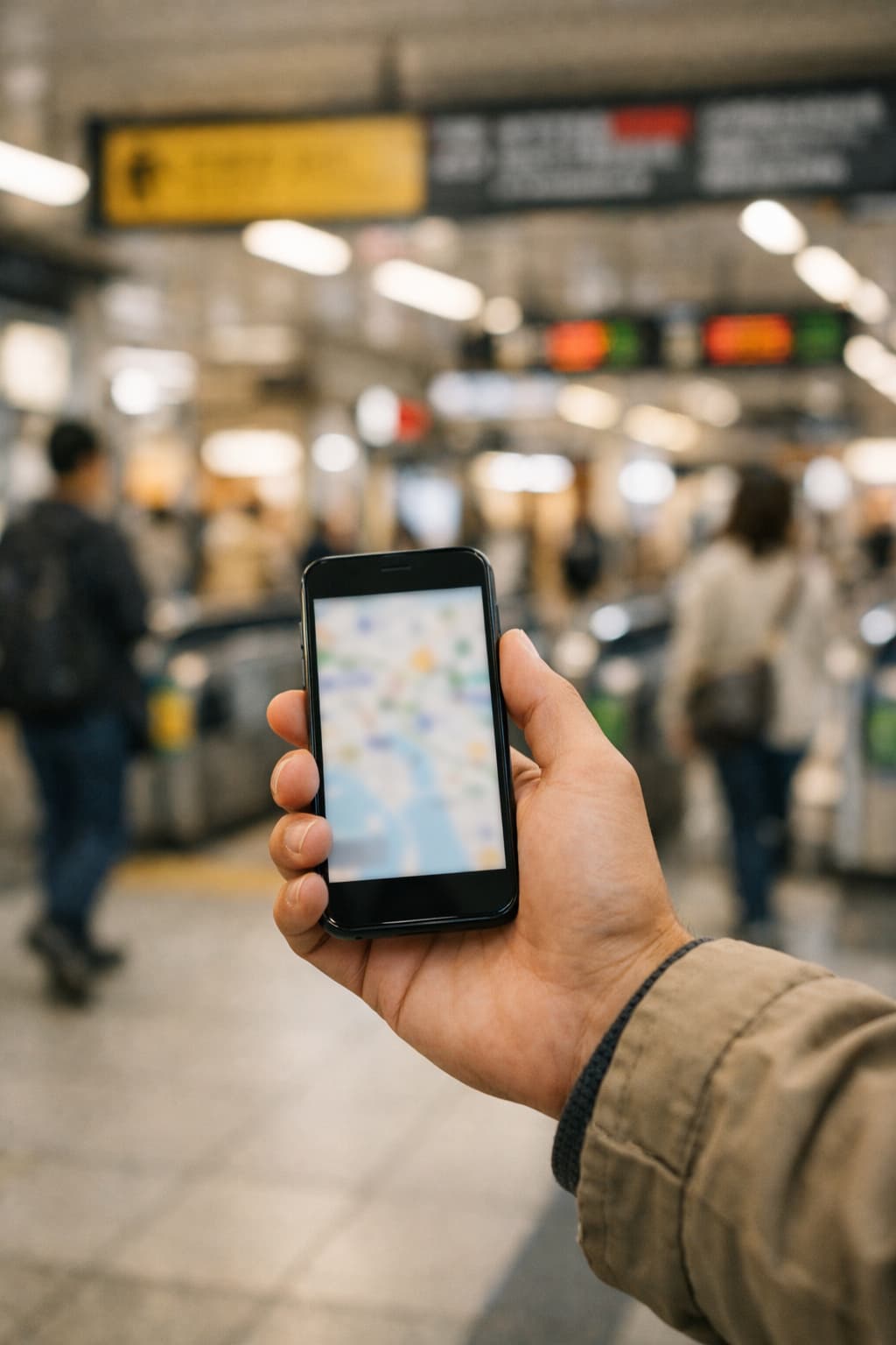 Traveler holding a phone showing itinerary details while navigating a Japan station.