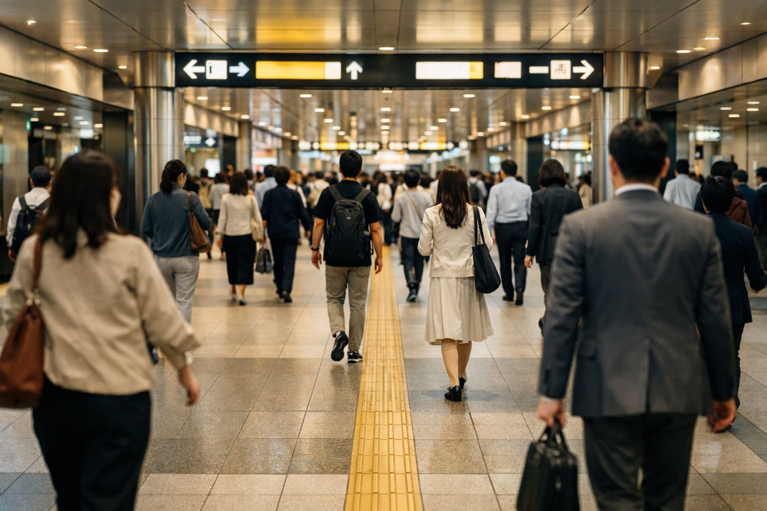 Wide transfer corridor inside a major Japan station showing wayfinding and connection flow.