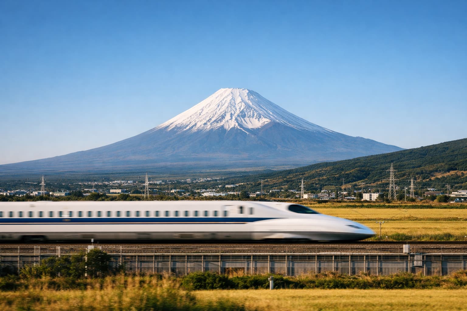 Shinkansen passing with Mount Fuji in the background.