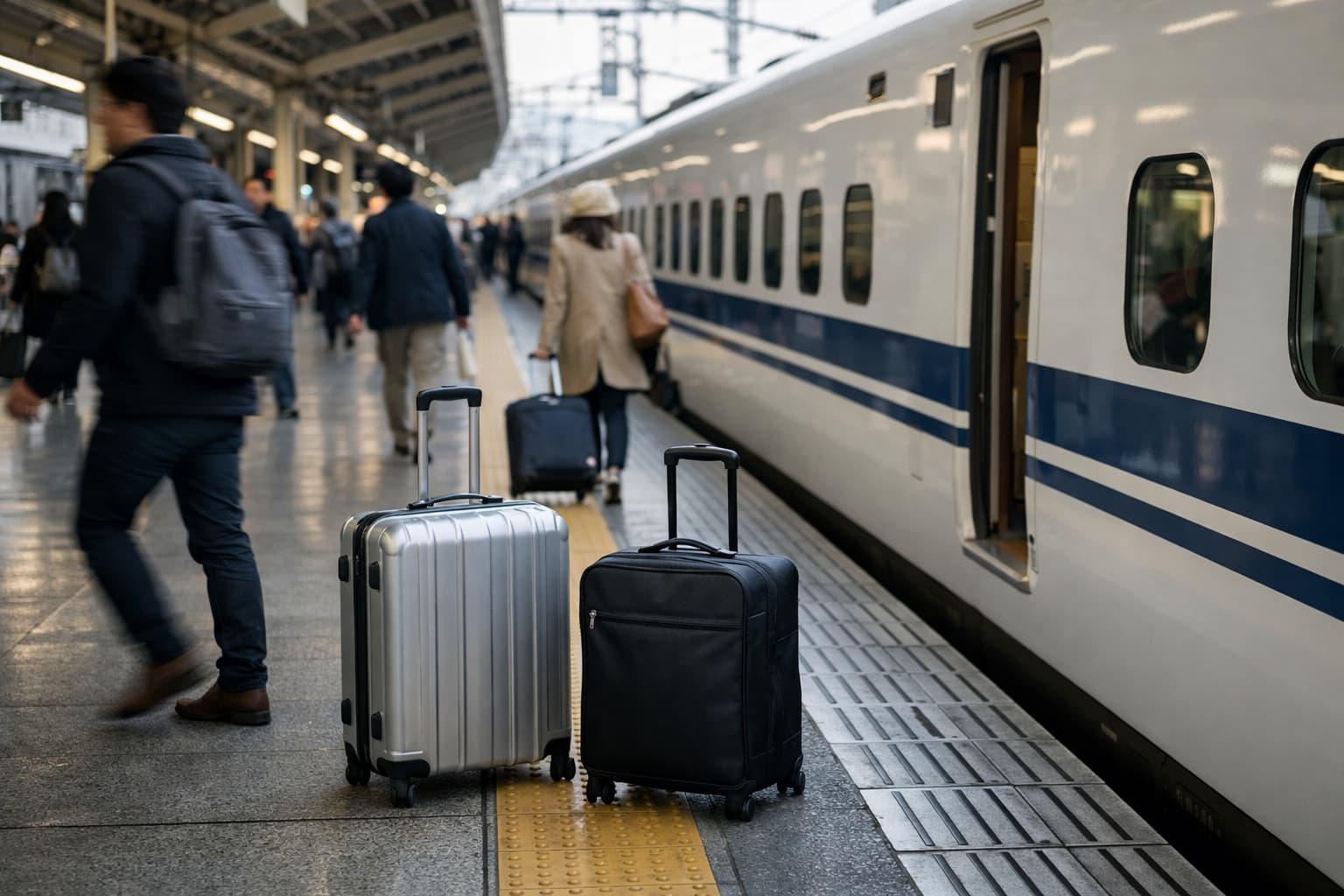 Platform scene in Tokyo with luggage-ready boarding for intercity travel.