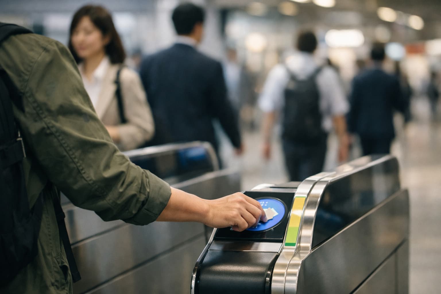 Traveler tapping through a Tokyo ticket gate with contactless access.