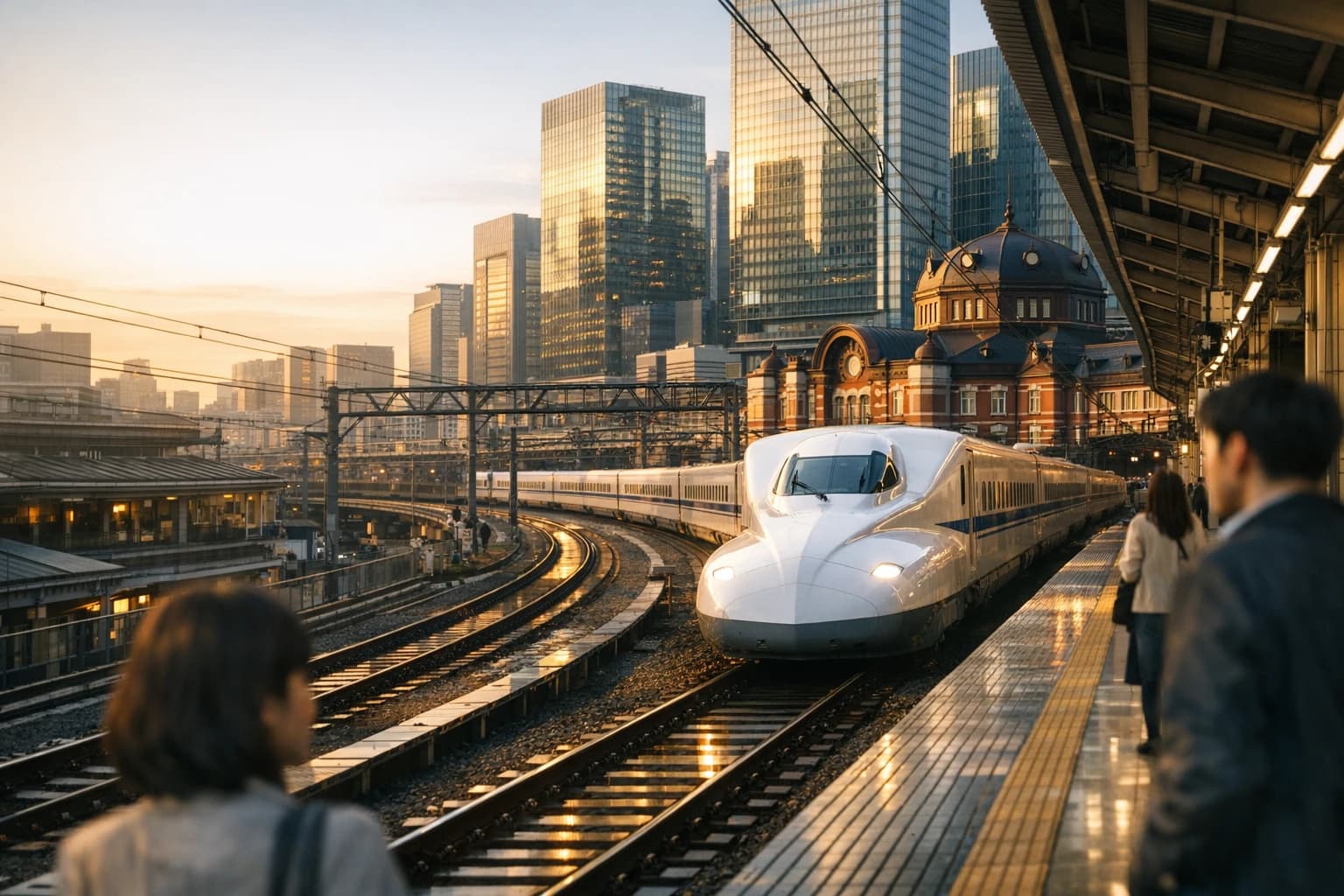 Shinkansen moving through a modern Japan skyline at sunset.