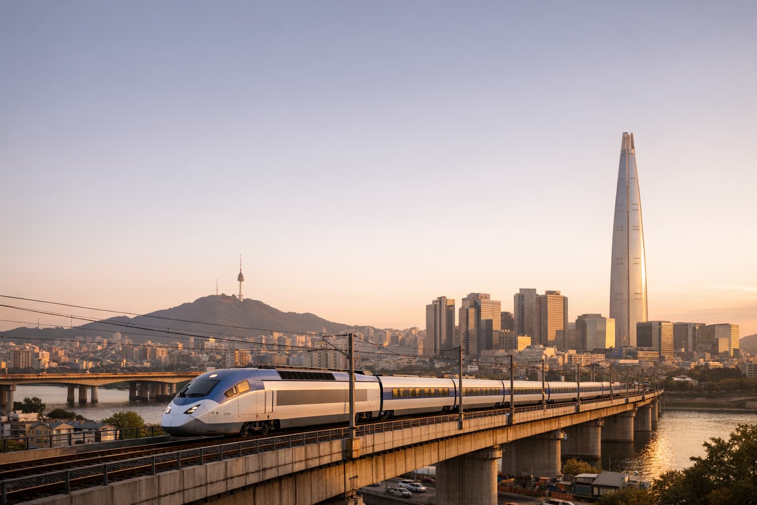 KTX moving through a modern Seoul skyline at sunset.