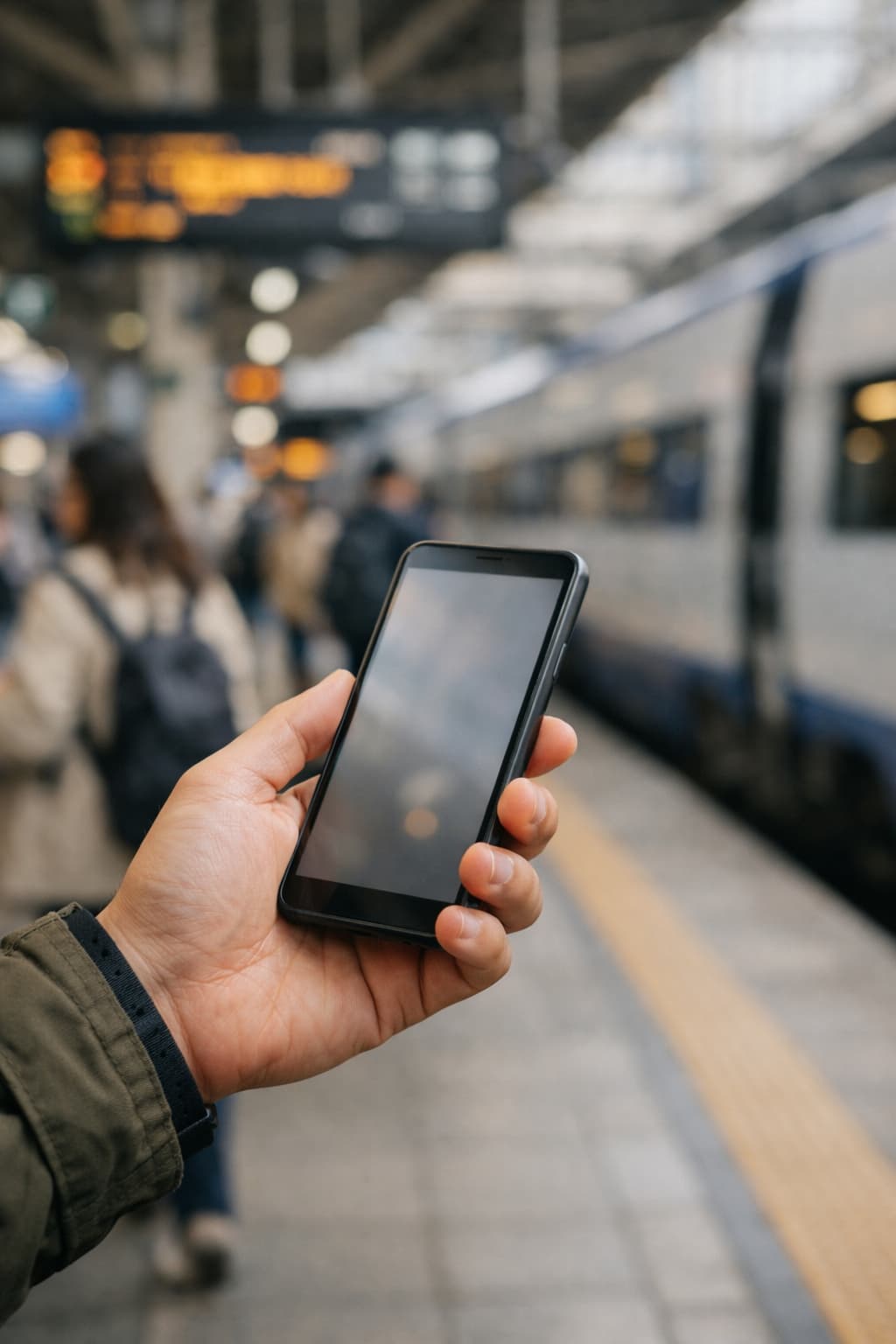 Traveler holding a phone showing itinerary details while navigating a Korea station.