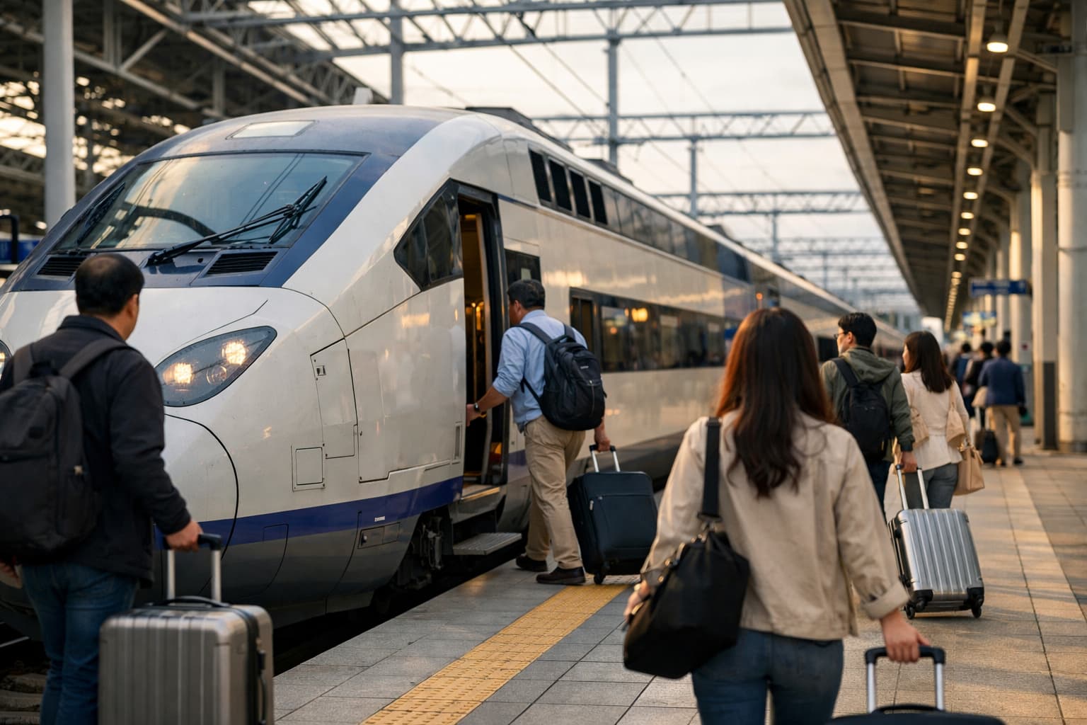 Platform scene in Korea with luggage-ready boarding for intercity travel.