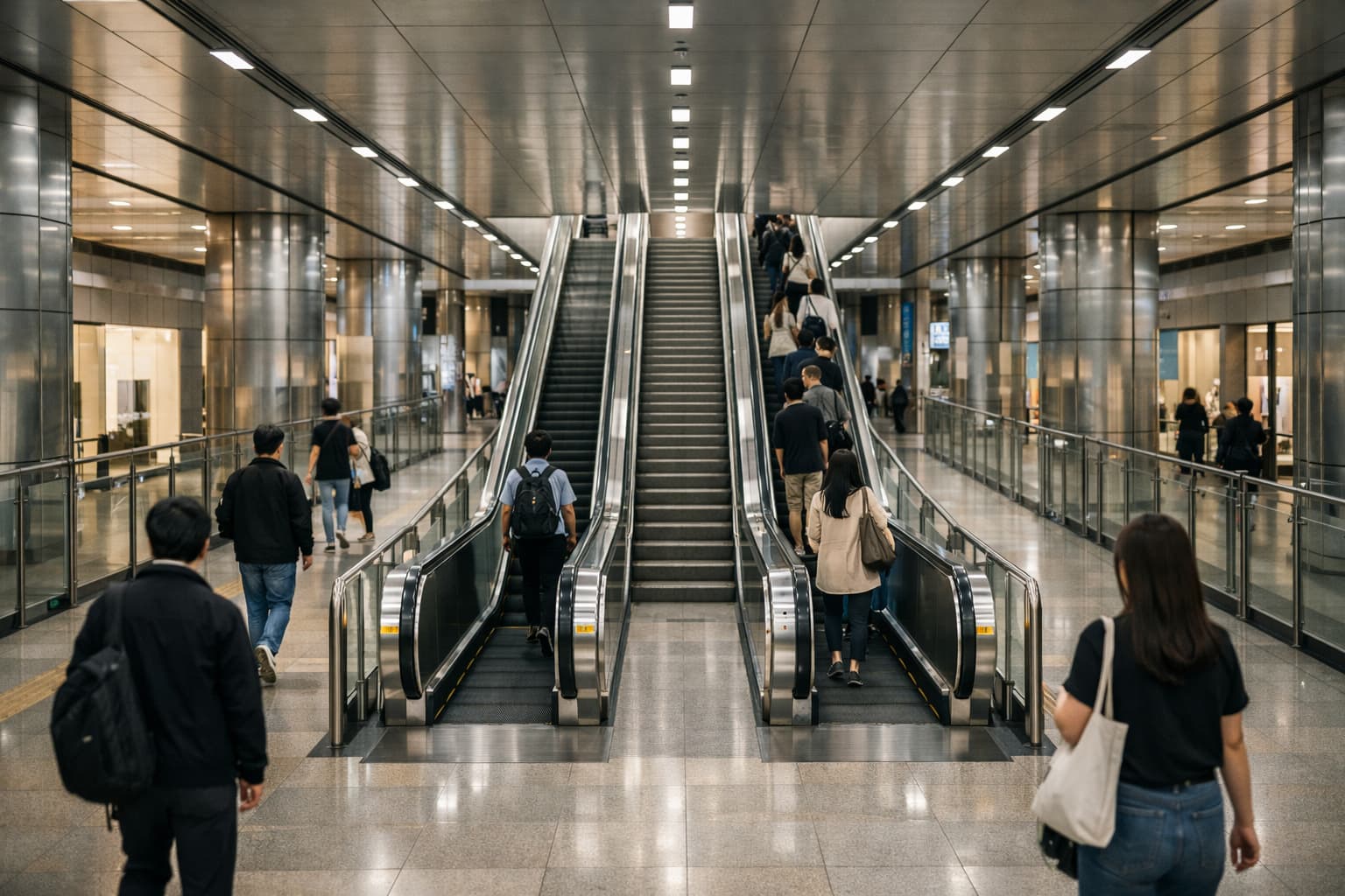Wide transfer corridor inside a major Korea station showing wayfinding and connection flow.