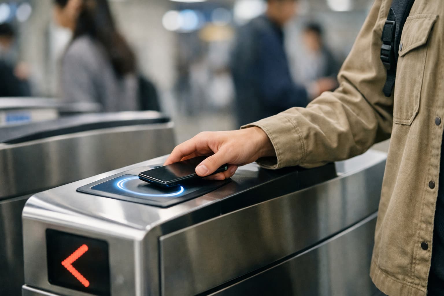 Traveler tapping through a Seoul ticket gate with contactless access.