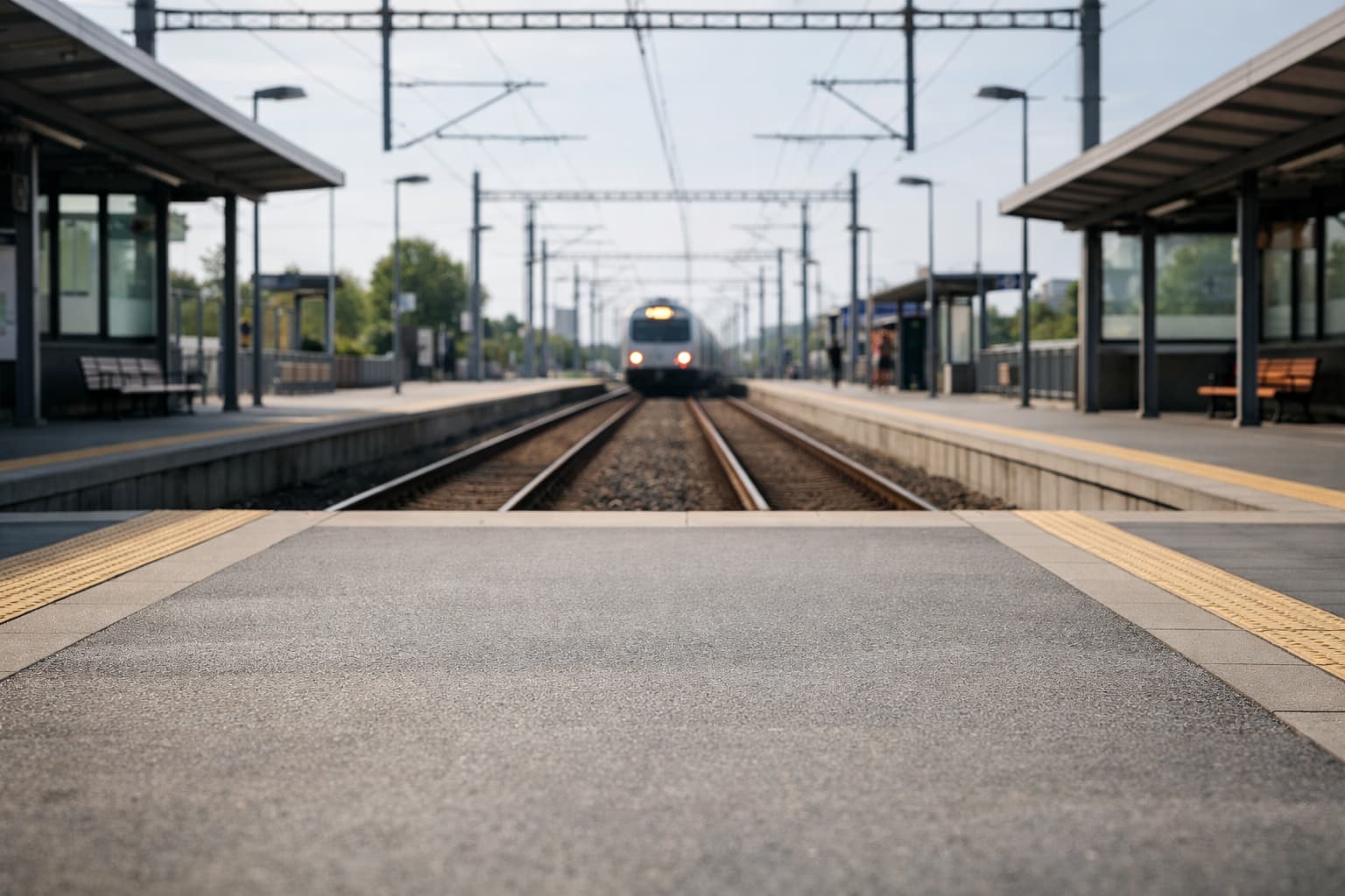 Calm station platform with open space and no crowd.