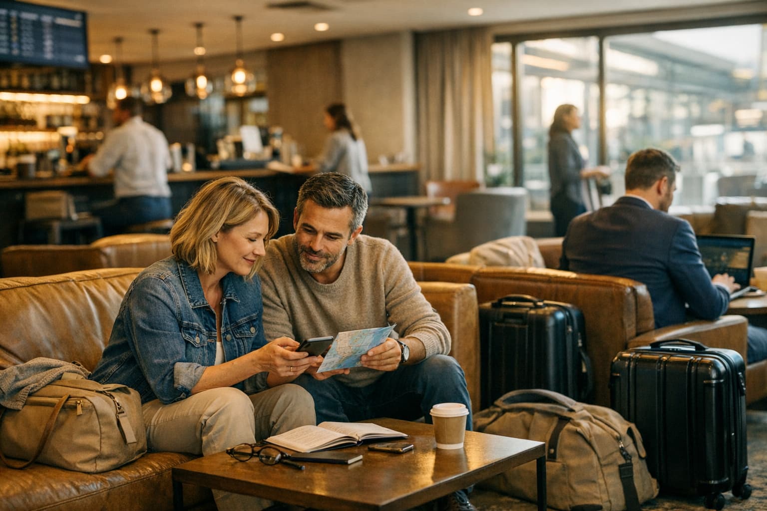 Premium station lounge with travelers organizing itineraries.