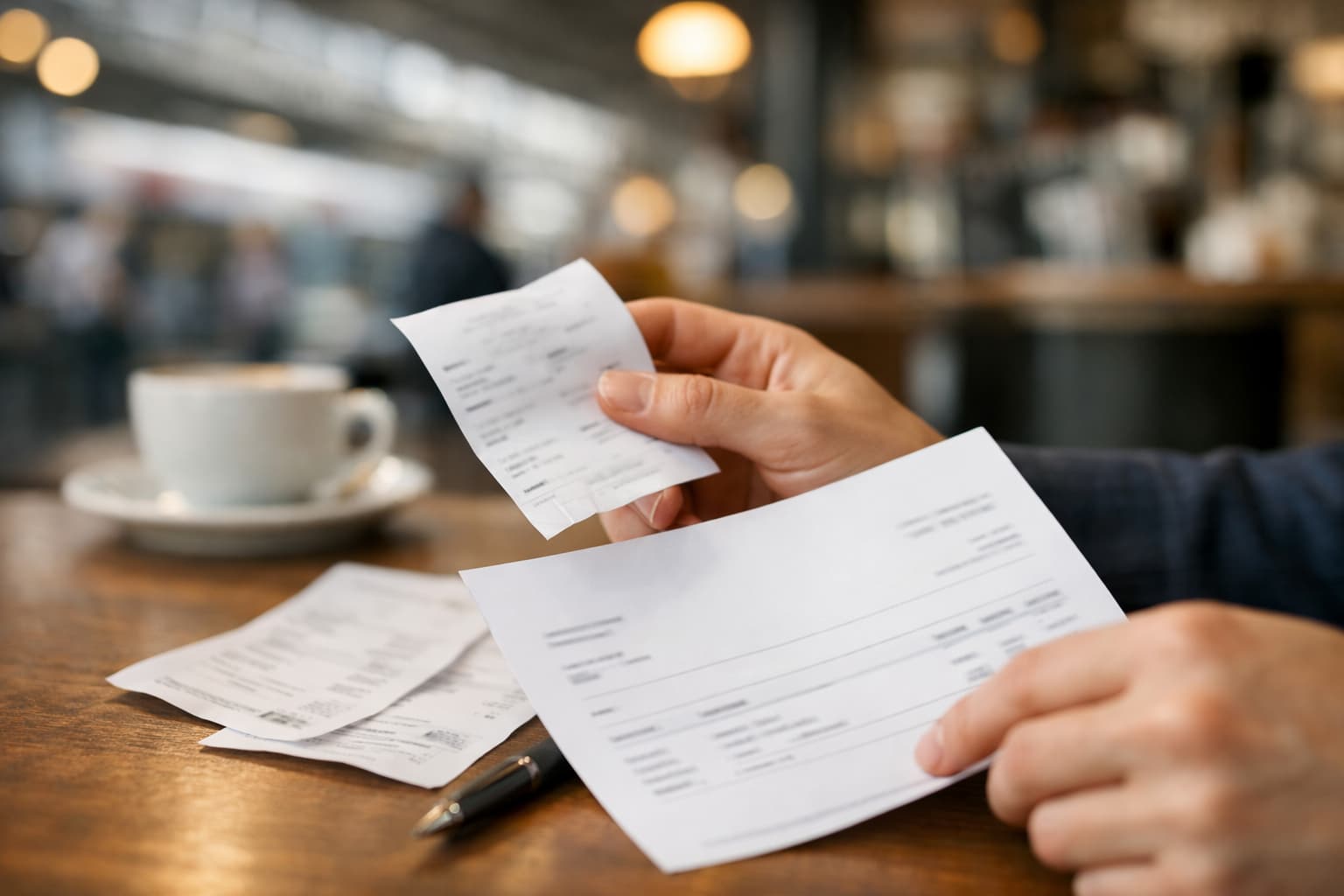 Receipt-style document with blurred text in a clean travel cafe setting.